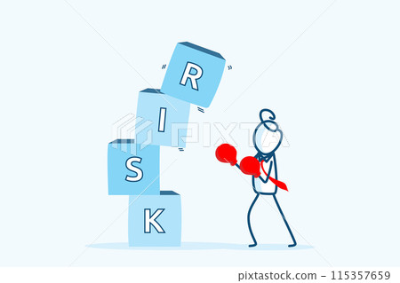 businessman stick figure character wearing boxing gloves standing in front of starting to fall of Risk blocks stack. Investment, stability and uncertainty concept. hand drawn doodle illustration 115357659
