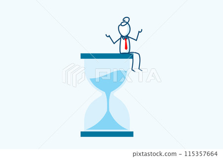 businessman stick figure character sitting on sandglass or hourglass. Wasting time waiting or deadline time management concept. hand drawn style vector doodle illustration 115357664