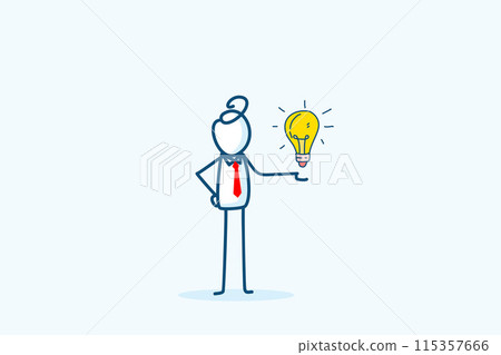 businessman stick figure character with red tie hold tiny small glowing light bulb on hand. creativity, innovation, new ideas in a business context. hand drawn doodle illustration 115357666