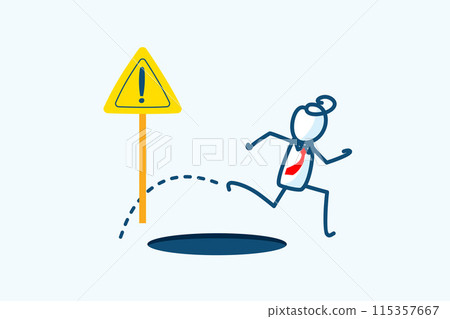 businessman stick figure character jump pass pitfall hole to achieve business success. avoid exclamation sign failure, creativity skill to solve problem. hand drawn style vector doodle illustration 115357667