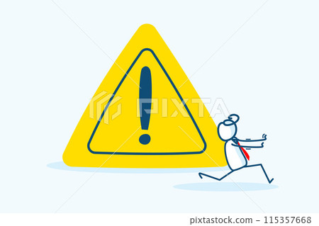 businessman stick figure character running away from exclamation attention sign mark. Solving problem, identify risk or avoid critical failure concept. hand drawn style vector doodle illustration 115357668