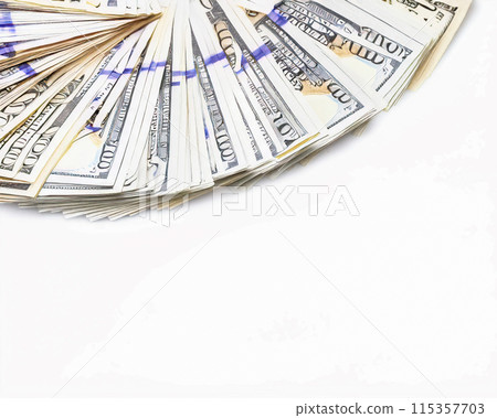 Cash US dollars on a white background. From top view. Cash money paper 115357703