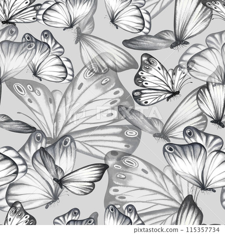 Seamless pattern with grey flying butterflies on a grey background. A hand-drawn watercolor illustration. For textiles, wallpapers and backgrounds. For packaging paper and labels, printing. 115357734
