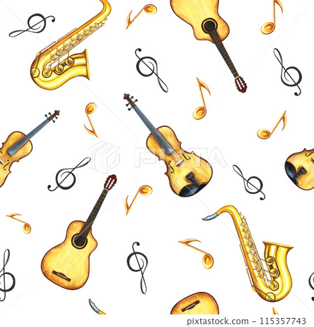 A musical seamless pattern with guitars, violins, saxophones and sheet music. The watercolor illustration is made by hand. For textiles, packaging paper, printing and more. 115357743
