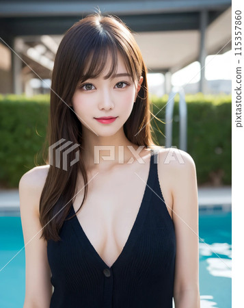 A woman with long hair smiling gently in the pool 115357860