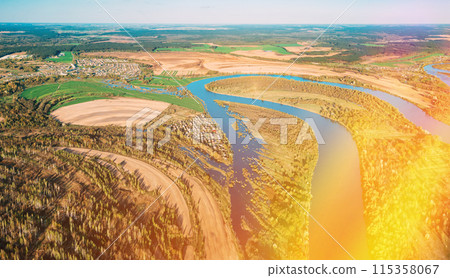 Aerial View Green Forest Woods And River Landscape In Sunny Spring Summer Day. Top View Of Nature, Bird's Eye View. Trees Standing In Water During Spring Flood floodwaters. woods in Water deluge 115358067