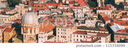 Naples, Italy. Top View Cityscape Skyline With Famous Landmarks In Sunny Day. Many Old Churches And Temples 115358090