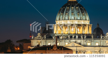 Rome, Italy. Dome Of Papal Basilica Of St. Peter In Vatican In Evening Night Illuminations 115358091