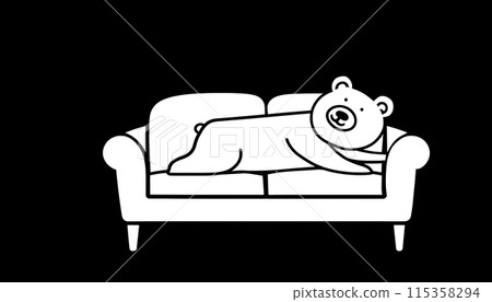 Silhouette illustration of a polar bear sitting on a sofa in a sloppy pose, cut out on a black background 115358294