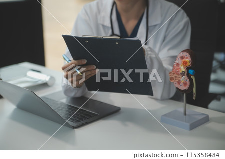 Female doctor explaining to patient results of model the process of patients. Diagnosis of diseases for Model Internal organ. Female doctor explaining to patient results of model the process of patients. Diagnosis of diseases for Model Internal organ. 115358484