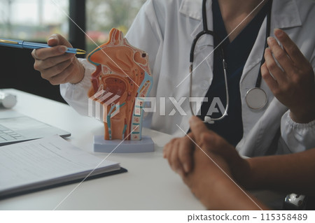 Female doctor explaining to patient results of model the process of patients. Diagnosis of diseases for Model Internal organ. Female doctor explaining to patient results of model the process of patients. Diagnosis of diseases for Model Internal organ. 115358489