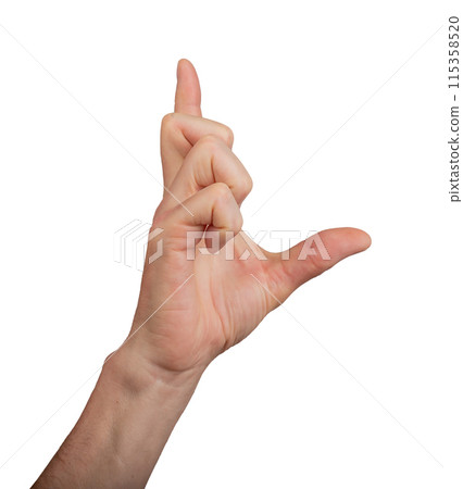 Hand showing a large measurement using thumb and index finger, isolated on white background. Gesture 115358520