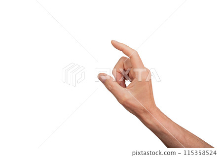 Hand showing a small measurement using thumb and index finger, isolated on white background. Gesture Hand showing a small measurement using thumb and index finger, isolated on white background. Gesture 115358524