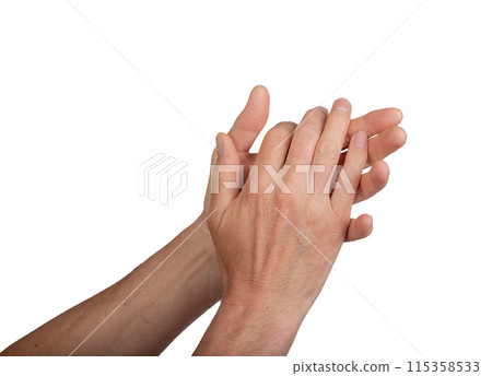 Hands clapping in applause, isolated on white background. Male hands showing gesture of Hands clapping in applause, isolated on white background. Male hands showing gesture of 115358533
