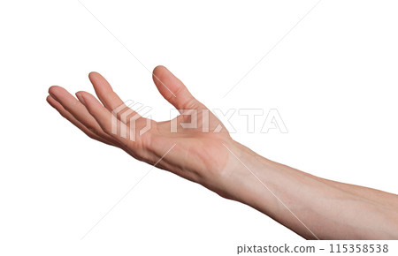 Open palm hand holding or giving something, isolated on white background. Gesture indicating 115358538