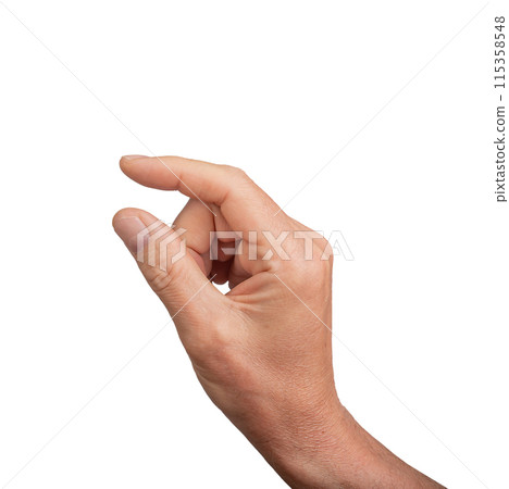 Hand holding a little bit of something, isolated on white background. Gesture indicating a pinch or Hand holding a little bit of something, isolated on white background. Gesture indicating a pinch or 115358548