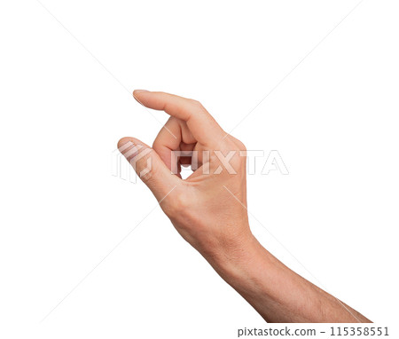 Hand holding a little bit of something, isolated on white background. Gesture indicating a pinch or 115358551
