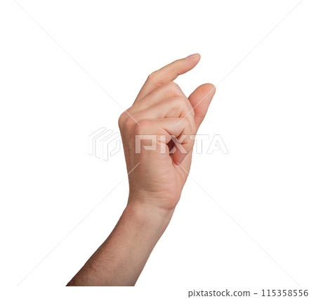 Hand holding a little bit of something, isolated on white background. Gesture indicating a pinch or 115358556