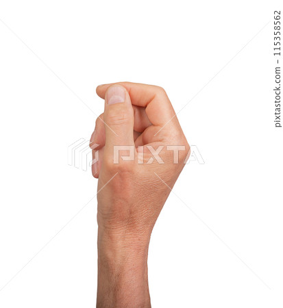 Hand holding something small, isolated on white background. Gesture indicating a pinch or grasp, Hand holding something small, isolated on white background. Gesture indicating a pinch or grasp, 115358562