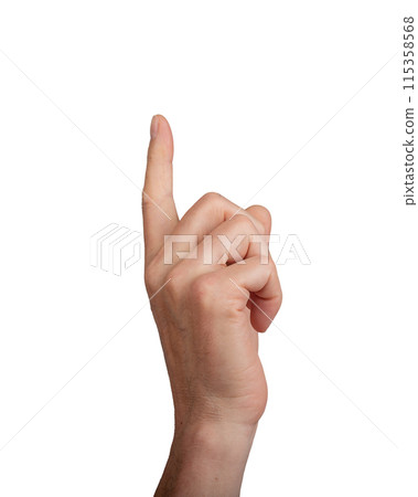 Hand pointing up with index finger, isolated on white. Gesture indicating touch or selection, ideal Hand pointing up with index finger, isolated on white. Gesture indicating touch or selection, ideal 115358568