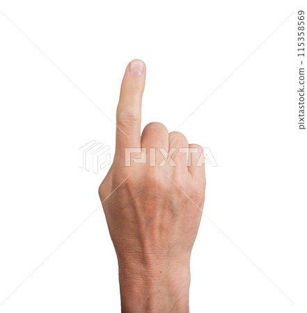 Hand pointing up with index finger, isolated on white. Gesture indicating touch or selection, ideal 115358569