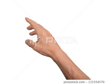 Hand reaching out with open fingers, isolated on white background. Gesture indicating grasping or 115358570