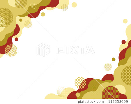 Abstract wavy ornament frame of gold and red Japanese patterns and geometric circles Abstract wavy ornament frame of gold and red Japanese patterns and geometric circles 115358699
