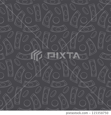 Money seamless pattern. Finance coins and banknotes repeat background. Vector doodle illustration. 115358750