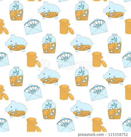 Piggy banks and currency seamless pattern. Money savings and investment endless background. Vector flat illustration. 115358752