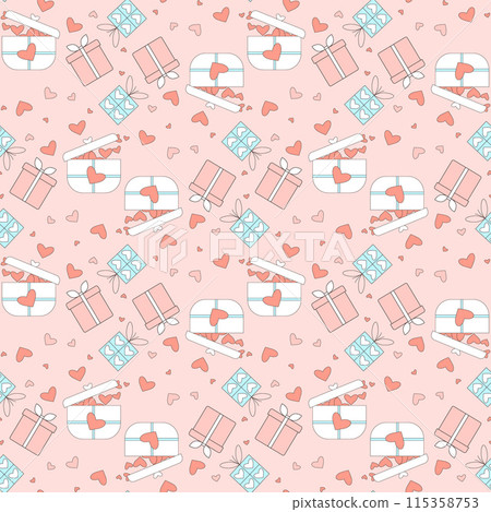 Holiday seamless pattern featuring gift boxes with red hearts Birthday pink endless background, giving off a playful and whimsical charm. Vector hand drawn flat illustration. 115358753