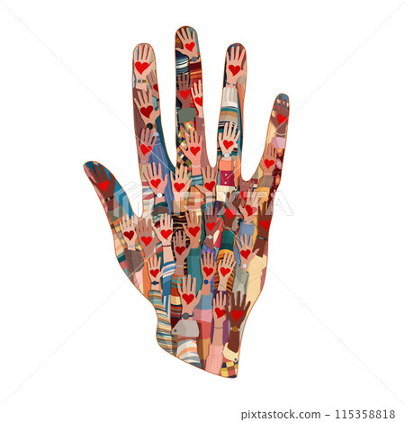 Shape of a hand containing many raised hands of volunteer multicultural people holding a heart.Charity and solidarity donation. Community of volunteers. Voluntary concept. NGO. Aid Shape of a hand containing many raised hands of volunteer multicultural people holding a heart.Charity and solidarity donation. Community of volunteers. Voluntary concept. NGO. Aid 115358818