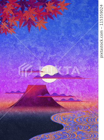 Flowing water, autumn leaves, Mt. Fuji, and the gradation of the evening as the full moon rises 115359024