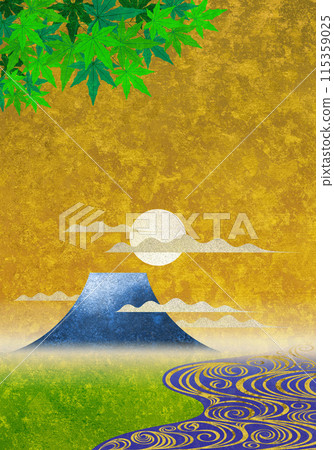 Golden texture with flowing water, maple leaves, Mt. Fuji and a rising full moon Golden texture with flowing water, maple leaves, Mt. Fuji and a rising full moon 115359025