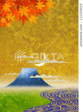 Golden texture with running water, autumn leaves, Mt. Fuji, and a rising crescent moon Golden texture with running water, autumn leaves, Mt. Fuji, and a rising crescent moon 115359029