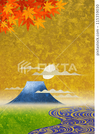 Golden texture with running water, autumn leaves, Mt. Fuji, and a rising half moon Golden texture with running water, autumn leaves, Mt. Fuji, and a rising half moon 115359030