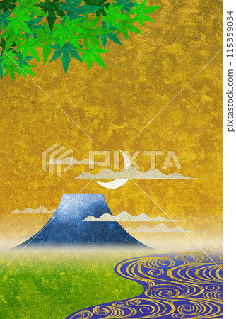流水、楓葉、富士山和冉冉升起的新月的金色質感 流水、楓葉、富士山和冉冉升起的新月的金色質感 115359034