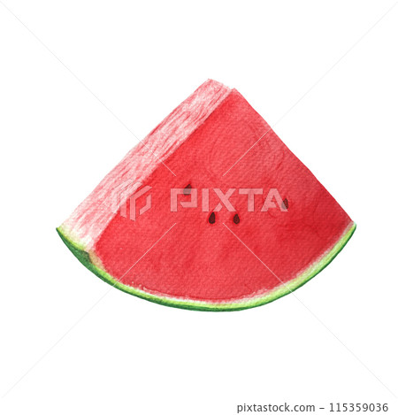 Watermelon slice red and juicy with a few seeds. Watercolor illustration isolated on white background, hand drawn for food design. Packages, juice, smoothie, menu, organic food, ice cream label, logo 115359036