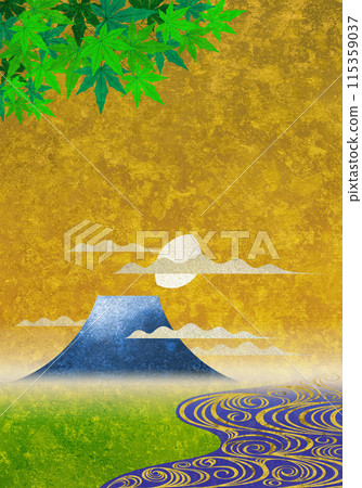 流水、楓葉、富士山和半月升起的金色紋理 流水、楓葉、富士山和半月升起的金色紋理 115359037