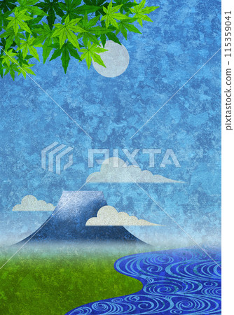 流水，楓葉，富士山，藍天與初升的太陽，日本紙紋理 115359041