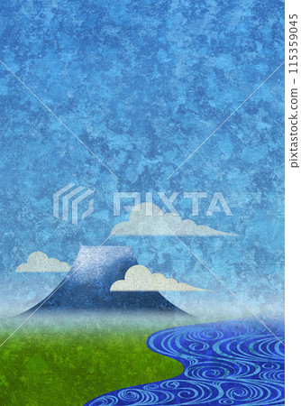 Flowing water, Mt. Fuji, and blue sky Japanese paper texture 115359045