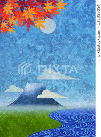 流水，秋葉，富士山，藍天與初升的太陽，日本紙紋理 115359054