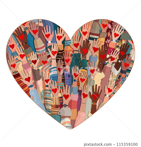 Shape of a heart containing many raised hands of volunteer multicultural people holding a heart.Charity and solidarity donation. Community of volunteers. Voluntary concept. NGO. Aid Shape of a heart containing many raised hands of volunteer multicultural people holding a heart.Charity and solidarity donation. Community of volunteers. Voluntary concept. NGO. Aid 115359100
