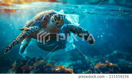 A turtle swims close to a floating plastic bag in the ocean. The issue of plastic pollution in the ocean. Generative AI. 115359256