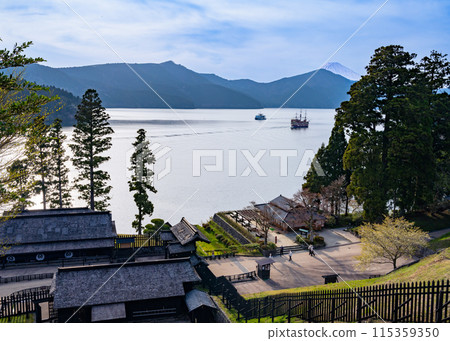 A view of Lake Ashi and Mt. Fuji from the Hakone Checkpoint Lookout Station A view of Lake Ashi and Mt. Fuji from the Hakone Checkpoint Lookout Station 115359350