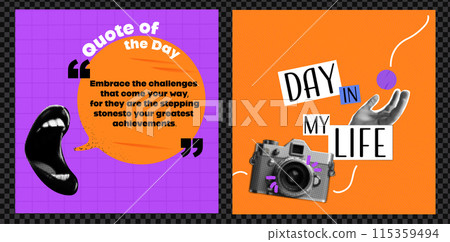 A set of templates for social networking posts. Open Mouth with Quote of the Day. My favorite product. A day in my life. Ideas for content. Vector collage style 115359494