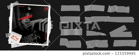 Transparent duct tape for photo collage. Bright scotch tape for the frame. Collage frame with girl's photo, barcode, paper clip and stickers and torn paper. Vector elements 115359495