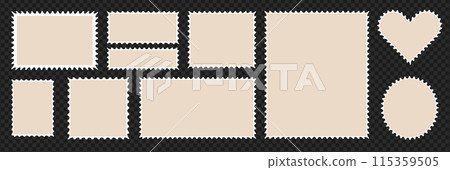 Set of postcard stamp frames, Vector post elements. Vintage postal paper card. Label border in square and heart and elipse shapes. Transparent background as a png Set of postcard stamp frames, Vector post elements. Vintage postal paper card. Label border in square and heart and elipse shapes. Transparent background as a png 115359505