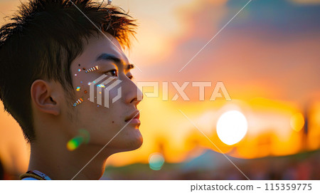 male model looking out over the summer music festival, with a sparkling, glitter crystal face paint 115359775