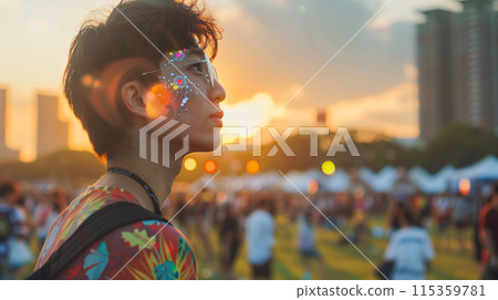 male model looking out over the summer music festival, with a sparkling, glitter crystal face paint 115359781