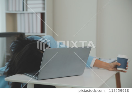 Tired teen girl rubbing dry irritable eyes feel eye strain tension migraine after computer work, exhausted young Asian woman student relieving headache pain, bad weak blurry vision, eyesight problem 115359918